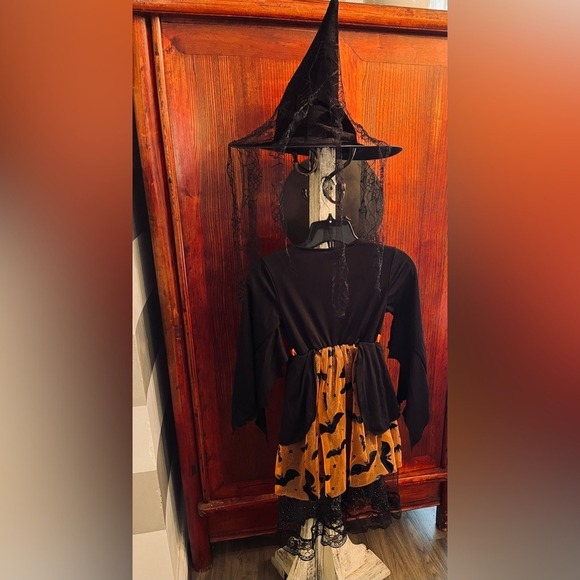Witch Costume Halloween Dress Up Cosplay Orange Black Bats Girls - Picture 8 of 12